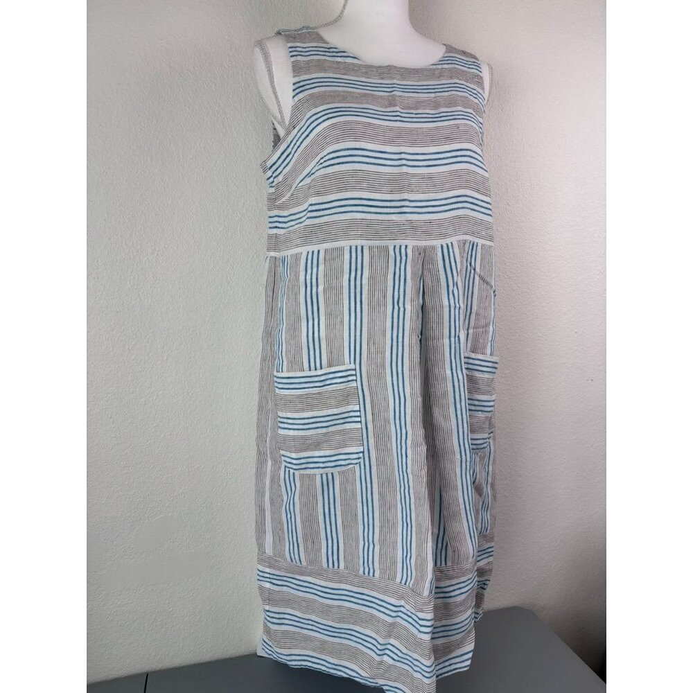 J. Jill women's small brown blue striped 100% linen knee length shift dress - Picture 2 of 9
